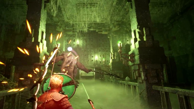 Official Steam teaser trailer frame: an adventurer with a round shield faces a hulking enemy amid green fog and flying sparks in a burial crypt.