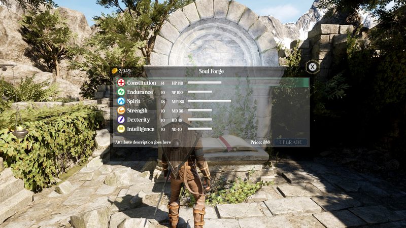 Official Sunken Realms screenshot: the Soul Forge attribute menu listing Constitution, Endurance and Spirit upgrades, opened over an outdoor ruin.