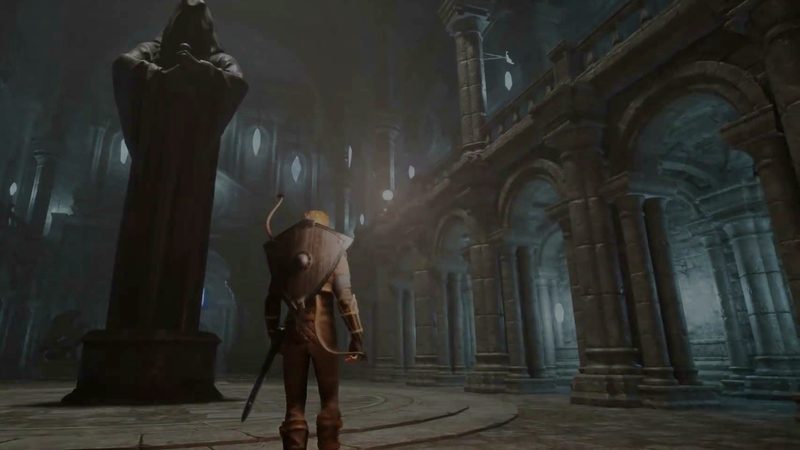 Official Steam teaser trailer frame: an armored adventurer with a shield advances down a dark corridor past a towering statue.