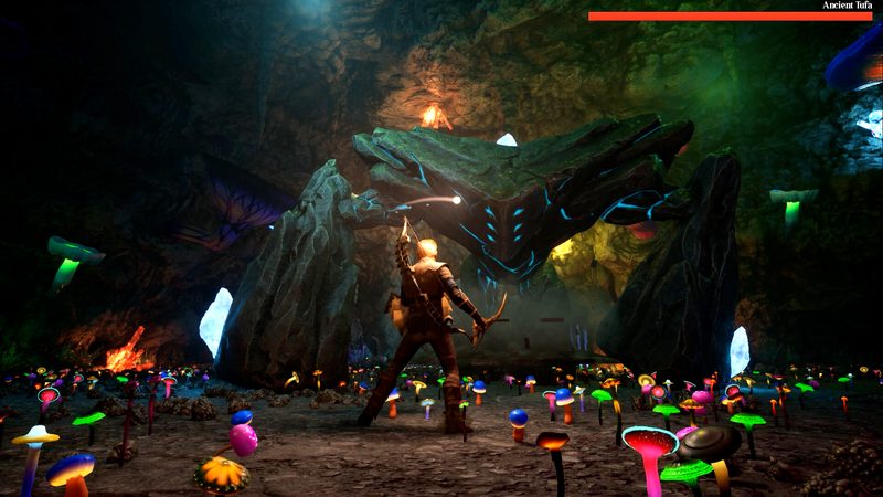 Official Sunken Realms screenshot: a cavern of glowing mushrooms and blue-veined rock with a character holding a bow.