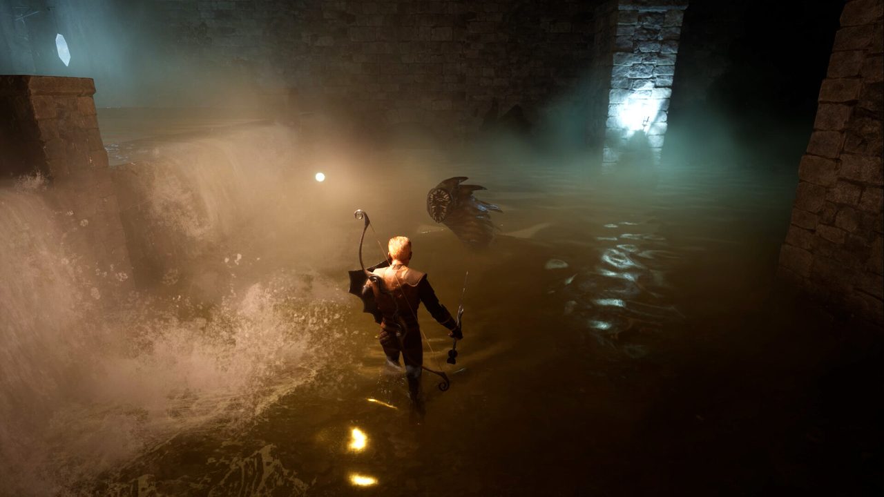 Official Sunken Realms screenshot: an archer stands waist-deep in murky water inside a misty stone ruin, bow drawn toward a serpentine creature rising ahead, a lantern glowing on the water.